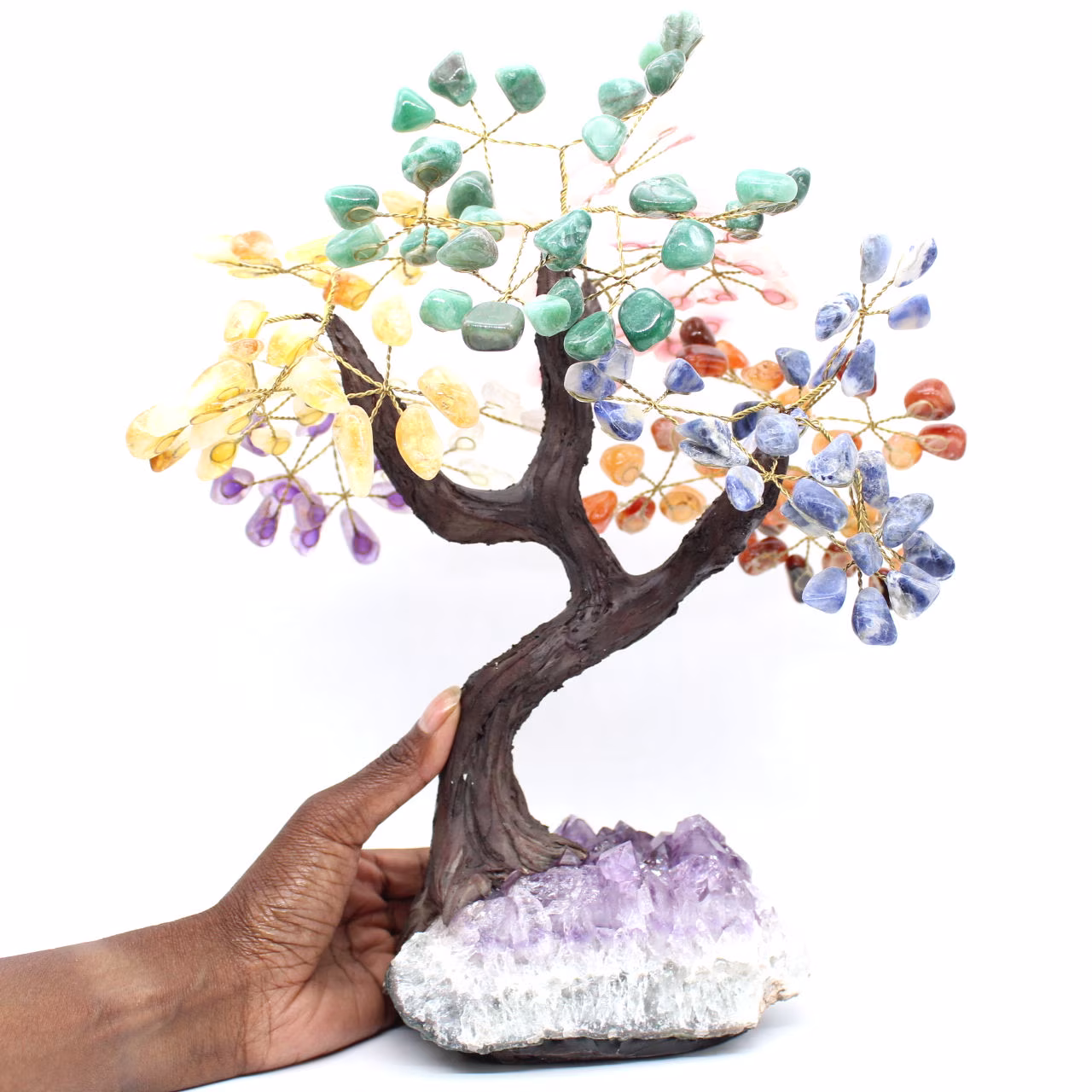 Mineralienbaum mit Amethystsockel und Blättern aus verschiedenen Mineralien