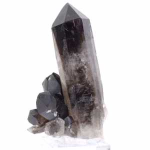 Großer brasilianischer Morion-Quarzkristall auf Acrylsockel montiert