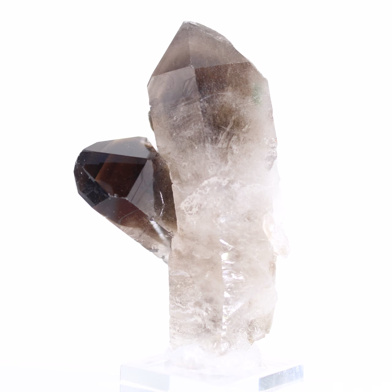 Morion-Quarz aus Brasilien, kleine kristallisierte Spitze auf Sockel