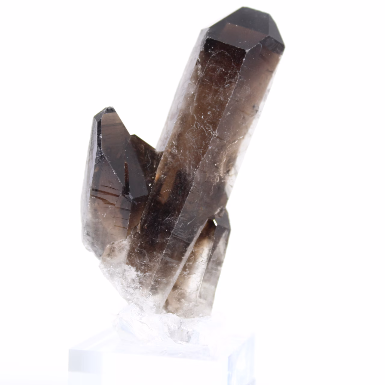 Morion-Quarz aus Brasilien im Kleinformat, feine Spitze mit Sockel